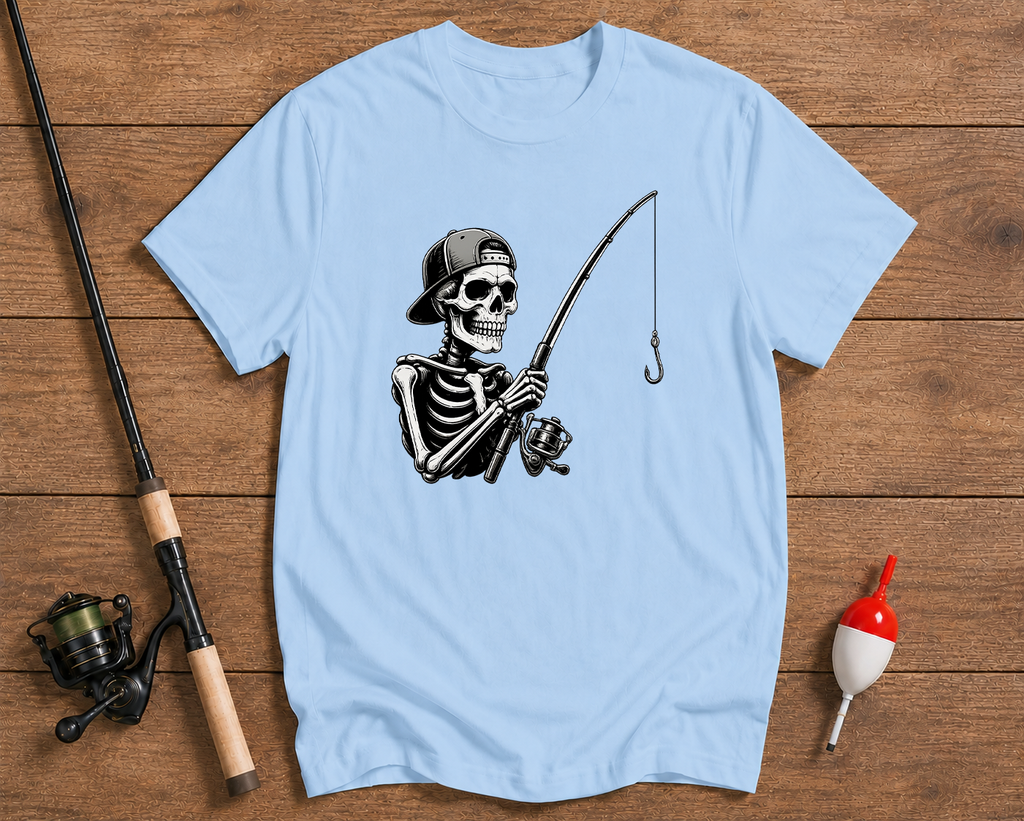 One More Cast skeleton fishing t-shirt in sky blue featuring a skeleton angler by Funky Fish Club