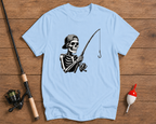 One More Cast skeleton fishing t-shirt in sky blue featuring a skeleton angler by Funky Fish Club