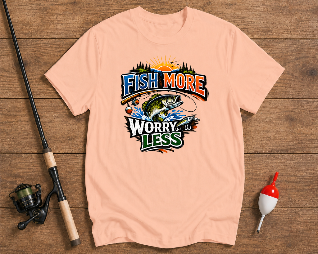 Fish More Worry Less outdoors fishing shirt in salmon color by Funky Fish Club