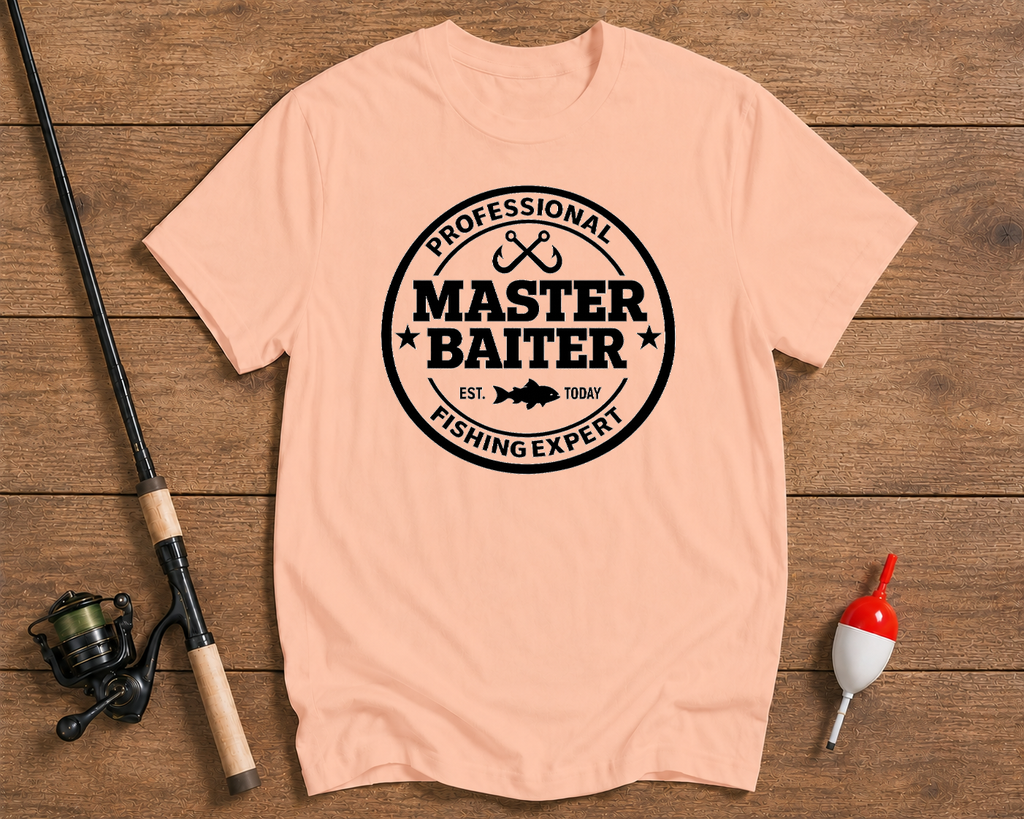 Professional Master Baiter funny fishing tee in salmon color by Funky Fish Club