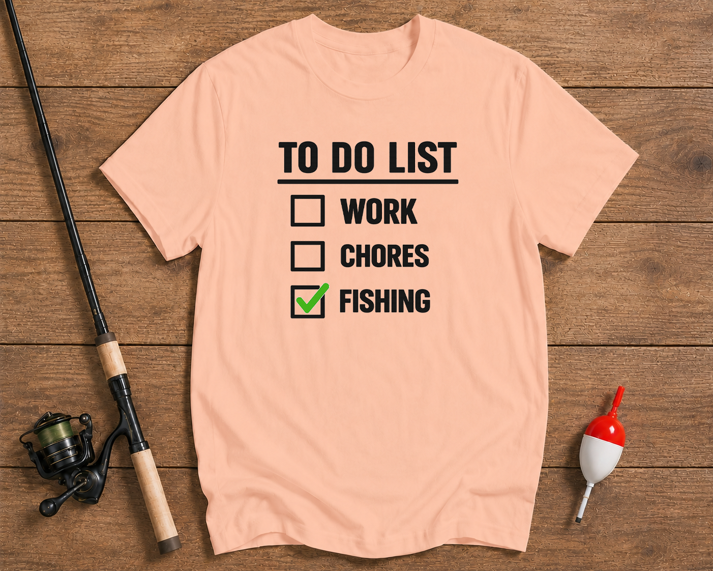 Fishing To Do List funny outdoors shirt in salmon color by Funky Fish Club