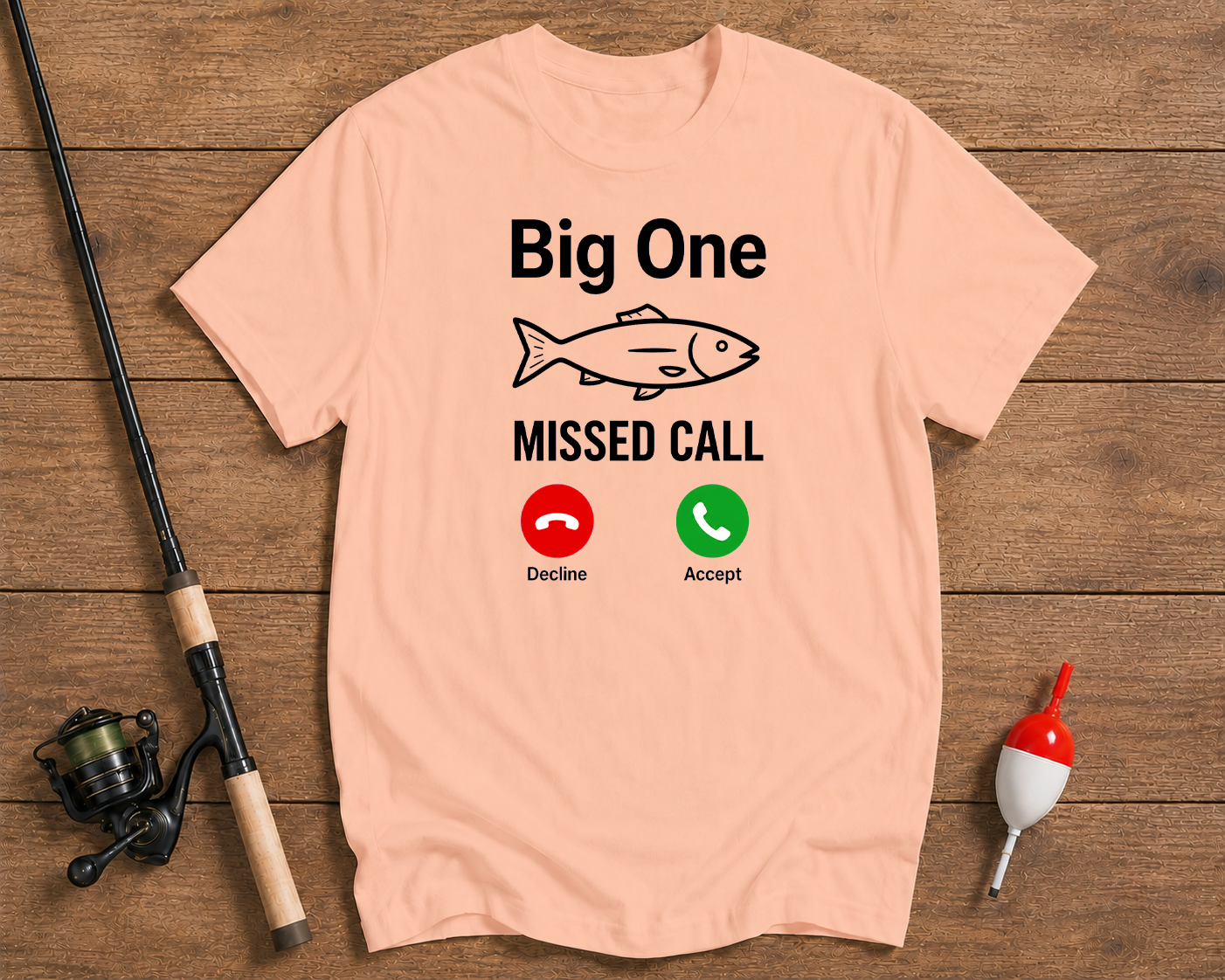 Big One Missed Call fishing meme tee in salmon color by Funky Fish Club