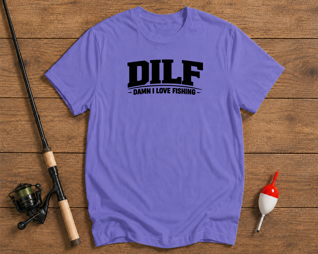 DILF fishing humor shirt in lavender by Funky Fish Club