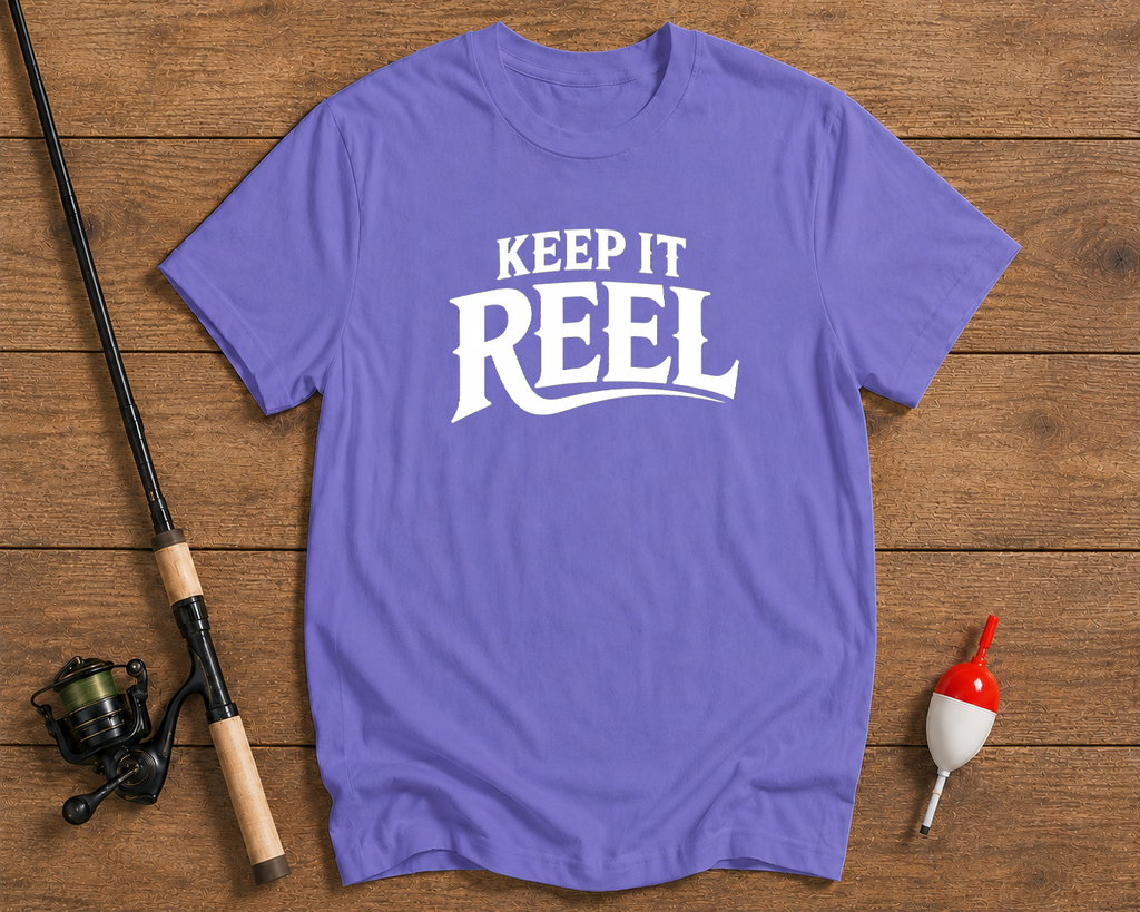 Keep It Reel fishing graphic tee in lavender by Funky Fish Club