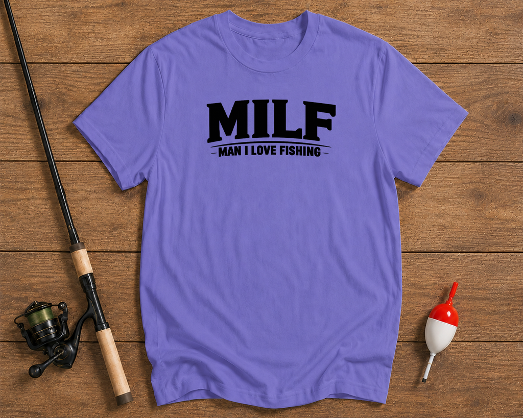 MILF fishing humor shirt in lavender by Funky Fish Club
