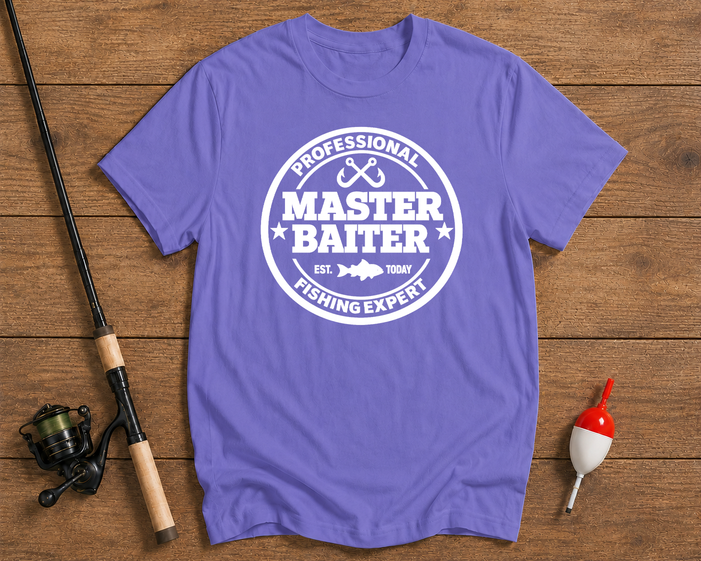 Professional Master Baiter fishing humor shirt in lavender by Funky Fish Club