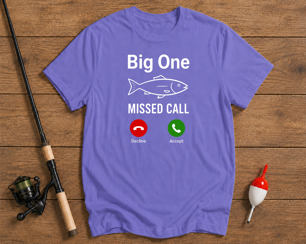 Big One Missed Call fishing humor shirt in lavender by Funky Fish Club