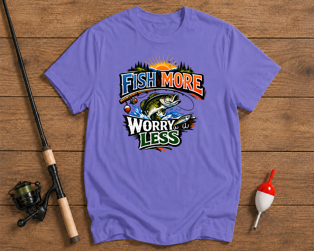 Fish More Worry Less fishing graphic tee in lavender by Funky Fish Club