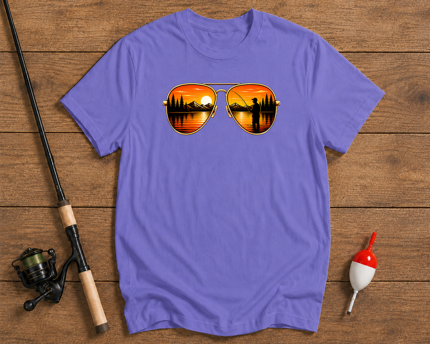 Sunset reflection fishing graphic tee in lavender by Funky Fish Club
