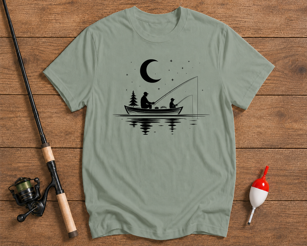 Father and son lake life fishing tee in seaweed green by Funky Fish Club