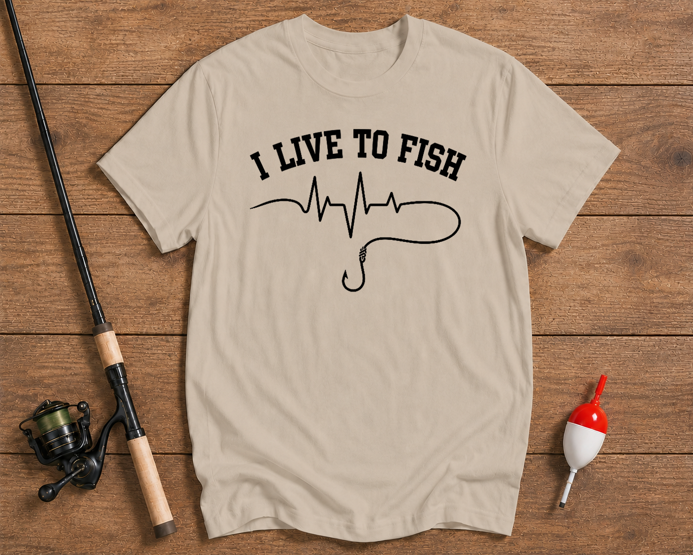 Live To Fish heavyweight fishing tee in sand beige by Funky Fish Club