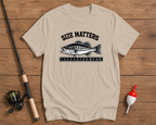 Size Matters fishing t-shirt in beige with a bass and ruler illustration by Funky Fish Club