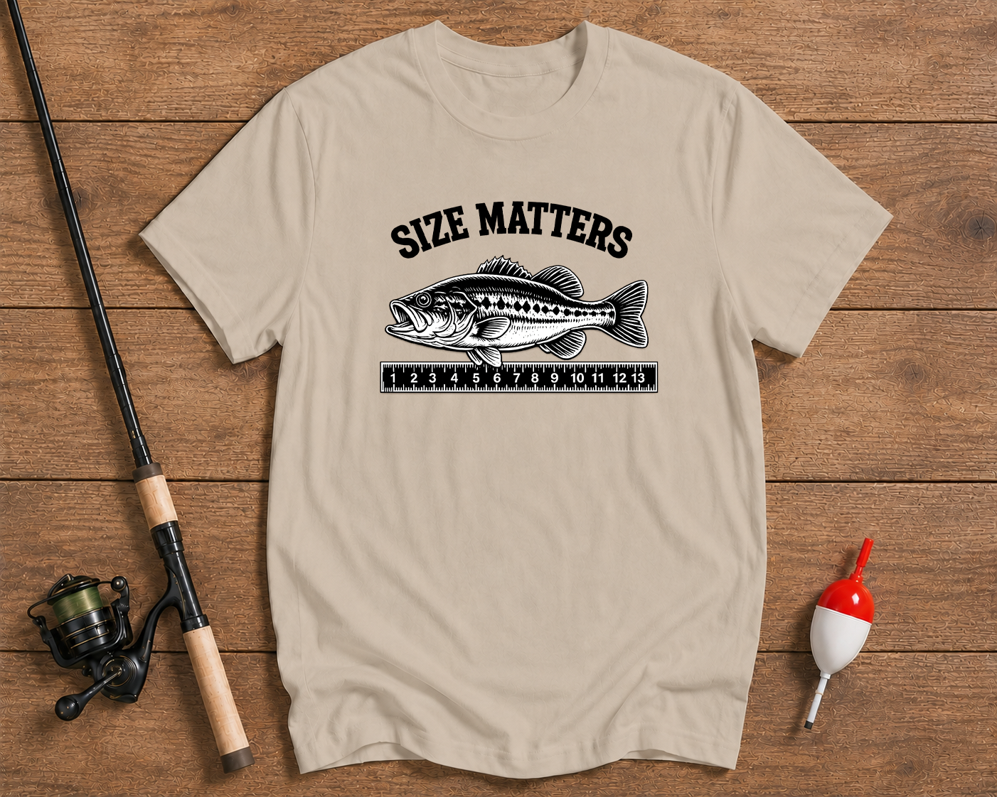 Size Matters fishing t-shirt in beige with a bass and ruler illustration by Funky Fish Club