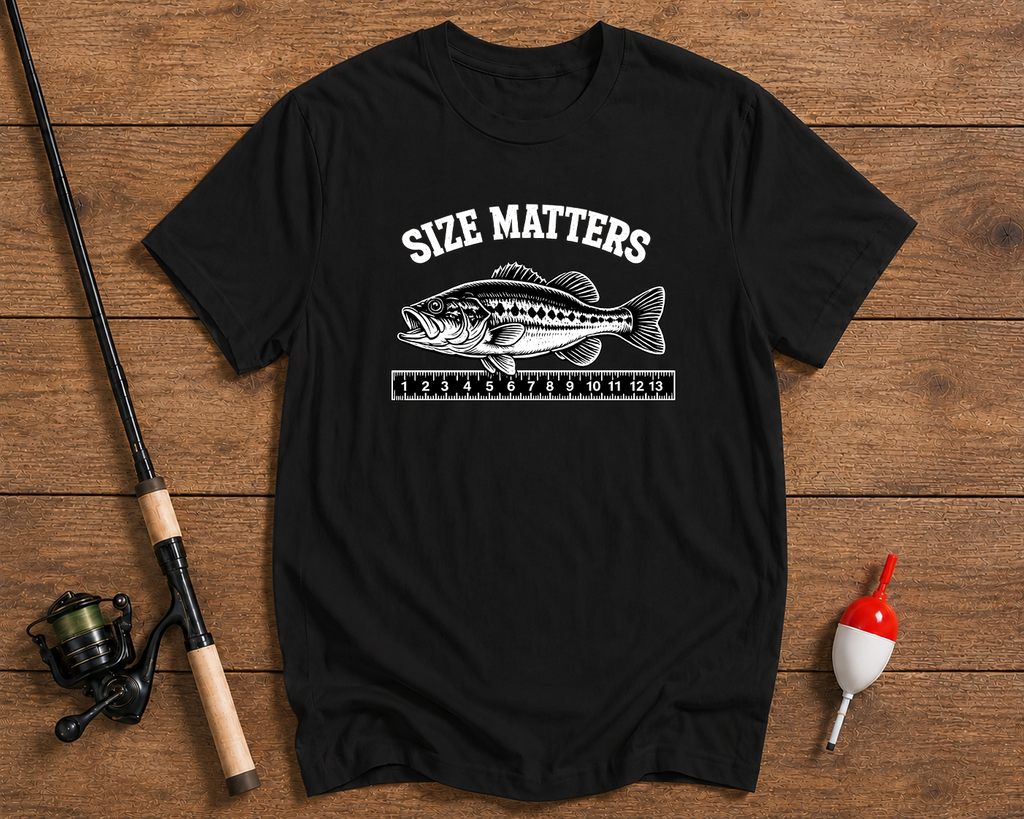Size Matters fishing t-shirt in black featuring a largemouth bass and measuring ruler by Funky Fish Club