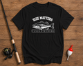 Size Matters fishing t-shirt in black featuring a largemouth bass and measuring ruler by Funky Fish Club