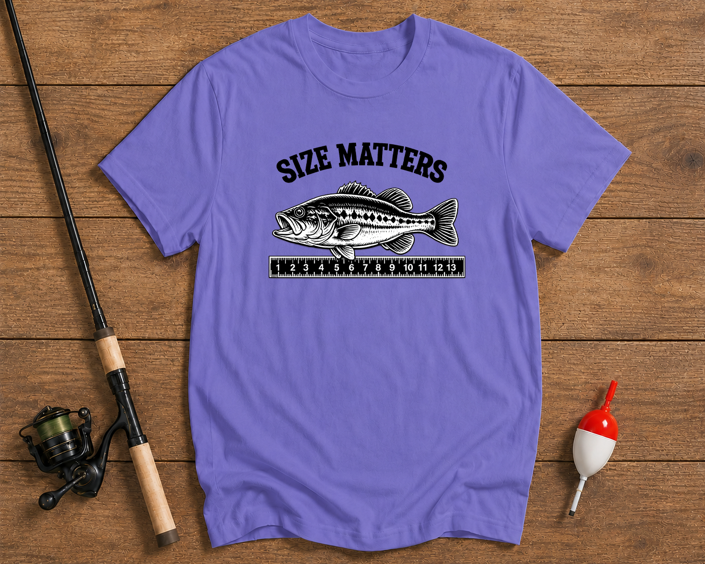 Funny Size Matters fishing shirt in lavender featuring a largemouth bass graphic by Funky Fish Club
