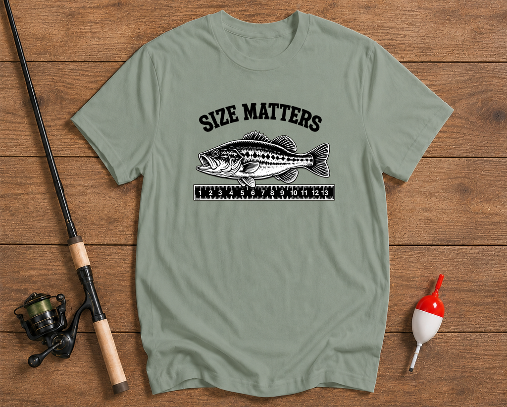 Size Matters fishing graphic tee in sage green featuring a largemouth bass illustration by Funky Fish Club