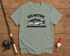 Size Matters fishing graphic tee in sage green featuring a largemouth bass illustration by Funky Fish Club