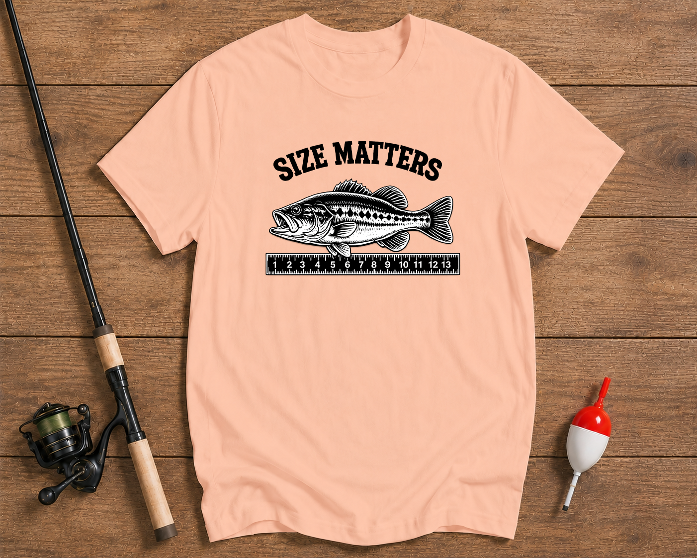 Funny bass fishing graphic shirt in salmon featuring the Size Matters design by Funky Fish Club