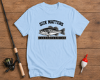 Size Matters bass fishing t-shirt in sky blue with a measuring ruler design by Funky Fish Club