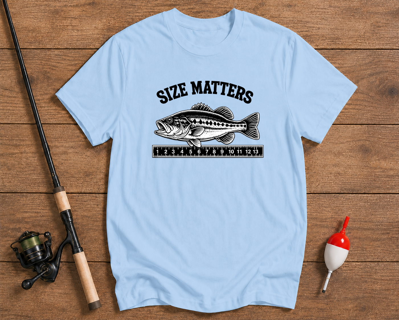 Size Matters bass fishing t-shirt in sky blue with a measuring ruler design by Funky Fish Club