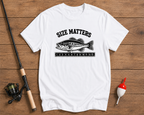 Funny Size Matters bass fishing shirt in white with a fish measuring ruler graphic by Funky Fish Club