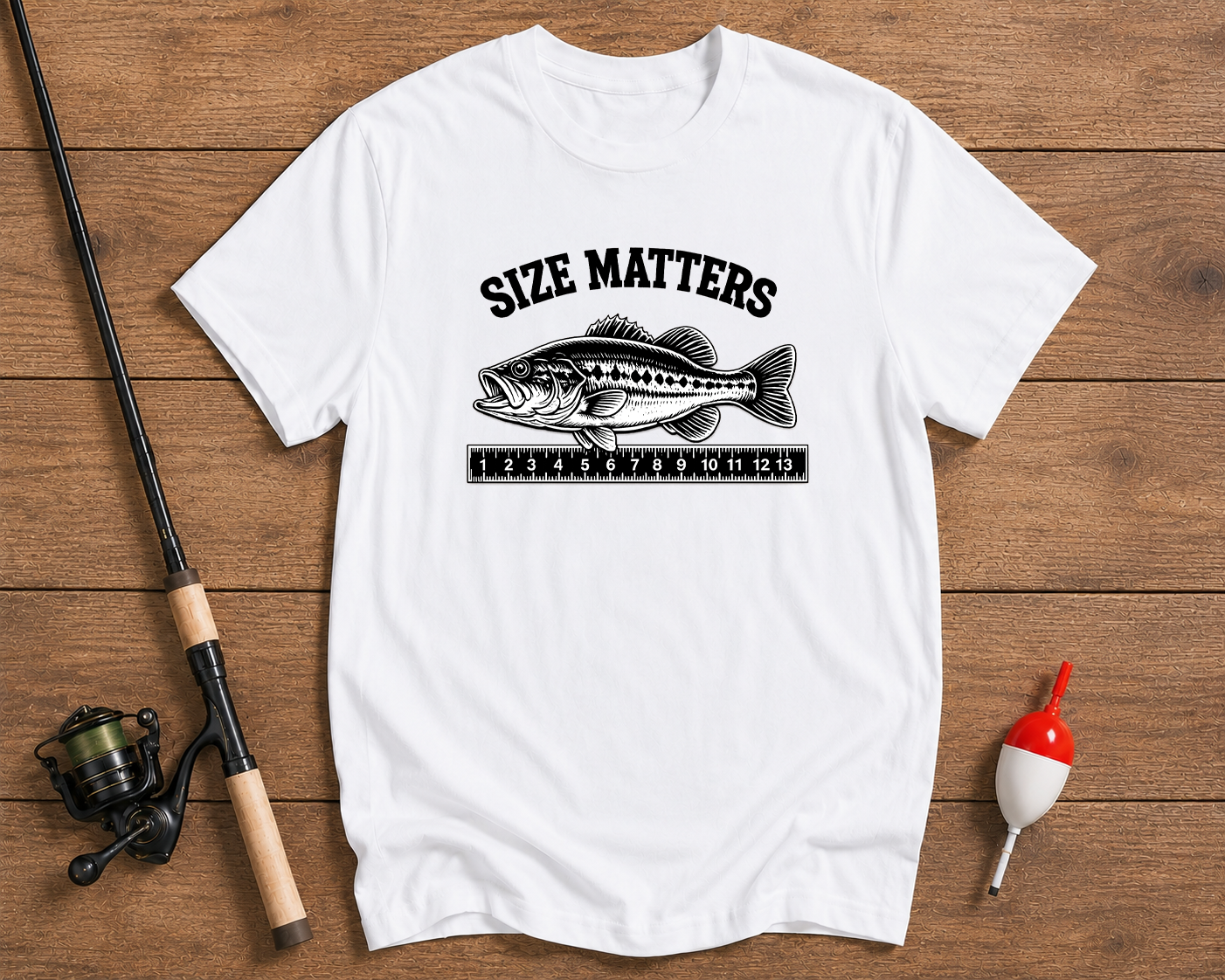 Funny Size Matters bass fishing shirt in white with a fish measuring ruler graphic by Funky Fish Club