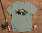 Sunset Bass fishing tee in sage green featuring a largemouth bass filled with a mountain sunset landscape by Funky Fish Club