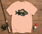 Sunset Bass premium fishing t-shirt in salmon featuring scenic bass artwork by Funky Fish Club