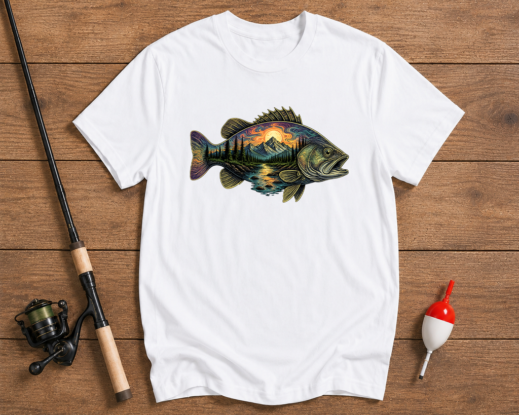 Sunset Bass graphic fishing shirt in white with a detailed bass and scenic sunset artwork by Funky Fish Club