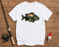 Sunset Bass graphic fishing shirt in white with a detailed bass and scenic sunset artwork by Funky Fish Club