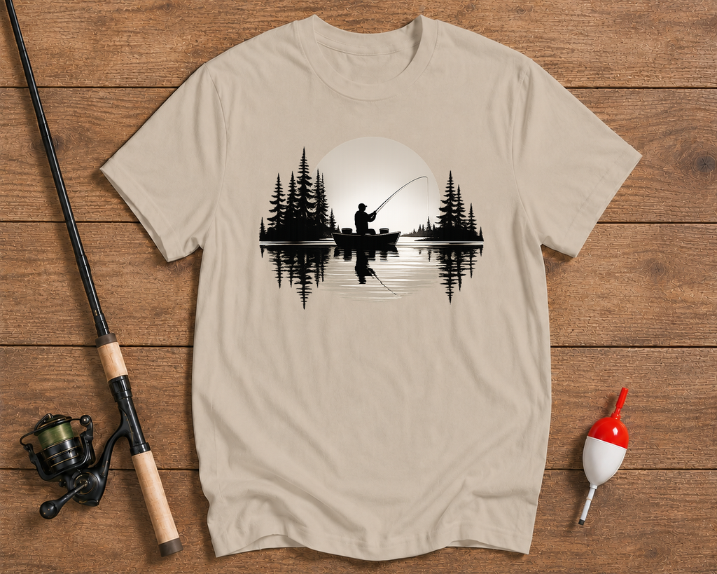Sunset Cast fishing shirt in beige with peaceful lake and fisherman artwork by Funky Fish Club