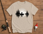 Sunset Cast fishing shirt in beige with peaceful lake and fisherman artwork by Funky Fish Club