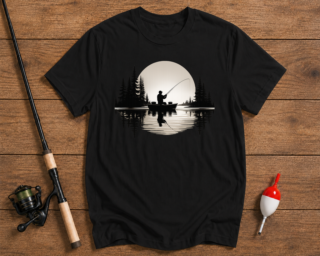 Sunset Cast fishing t-shirt in black featuring an angler fishing from a boat at sunset by Funky Fish Club
