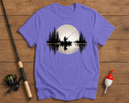 Minimalist lake fishing shirt in lavender featuring a sunset boat silhouette by Funky Fish Club