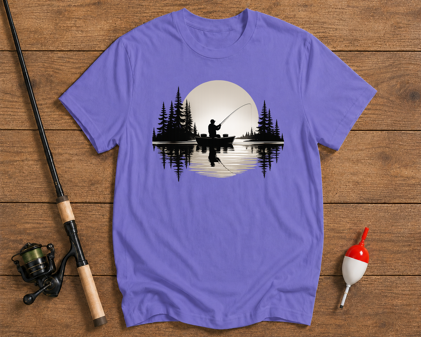 Minimalist lake fishing shirt in lavender featuring a sunset boat silhouette by Funky Fish Club