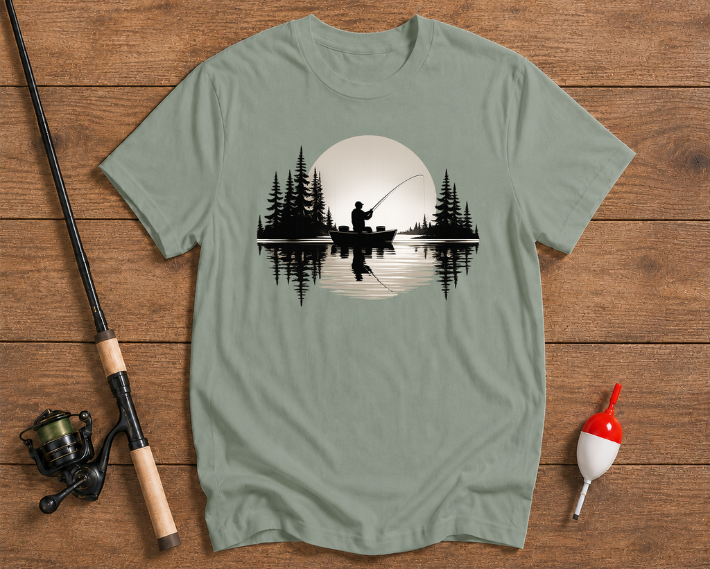 Sunset Cast fishing graphic tee in sage green featuring a fisherman on a calm lake by Funky Fish Club