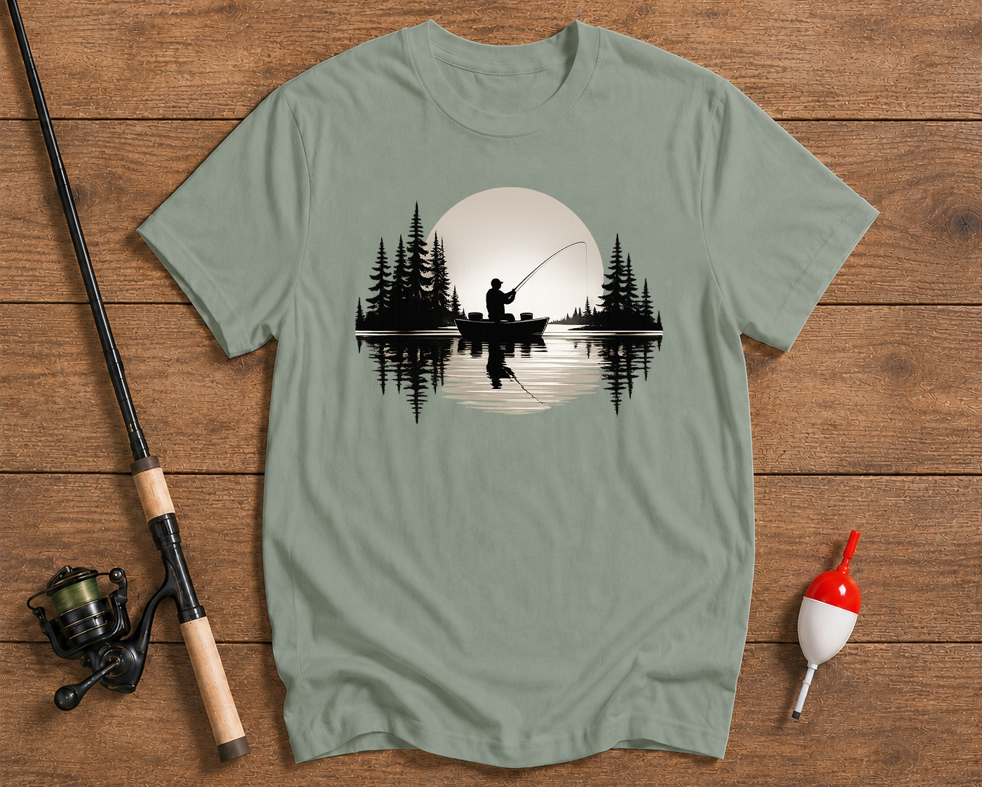 Sunset Cast fishing graphic tee in sage green featuring a fisherman on a calm lake by Funky Fish Club