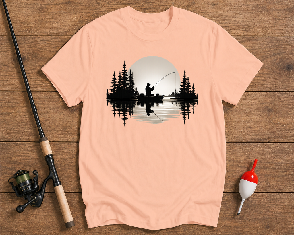 Scenic sunset fishing t-shirt in salmon featuring an angler on a quiet lake by Funky Fish Club