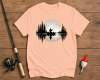Scenic sunset fishing t-shirt in salmon featuring an angler on a quiet lake by Funky Fish Club
