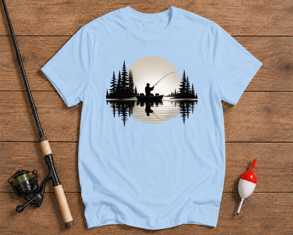 Sunset fishing t-shirt in sky blue with an angler casting from a boat by Funky Fish Club