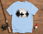 Sunset fishing t-shirt in sky blue with an angler casting from a boat by Funky Fish Club