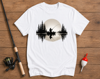 Minimalist sunset fishing shirt in white with a peaceful lake and boat silhouette by Funky Fish Club