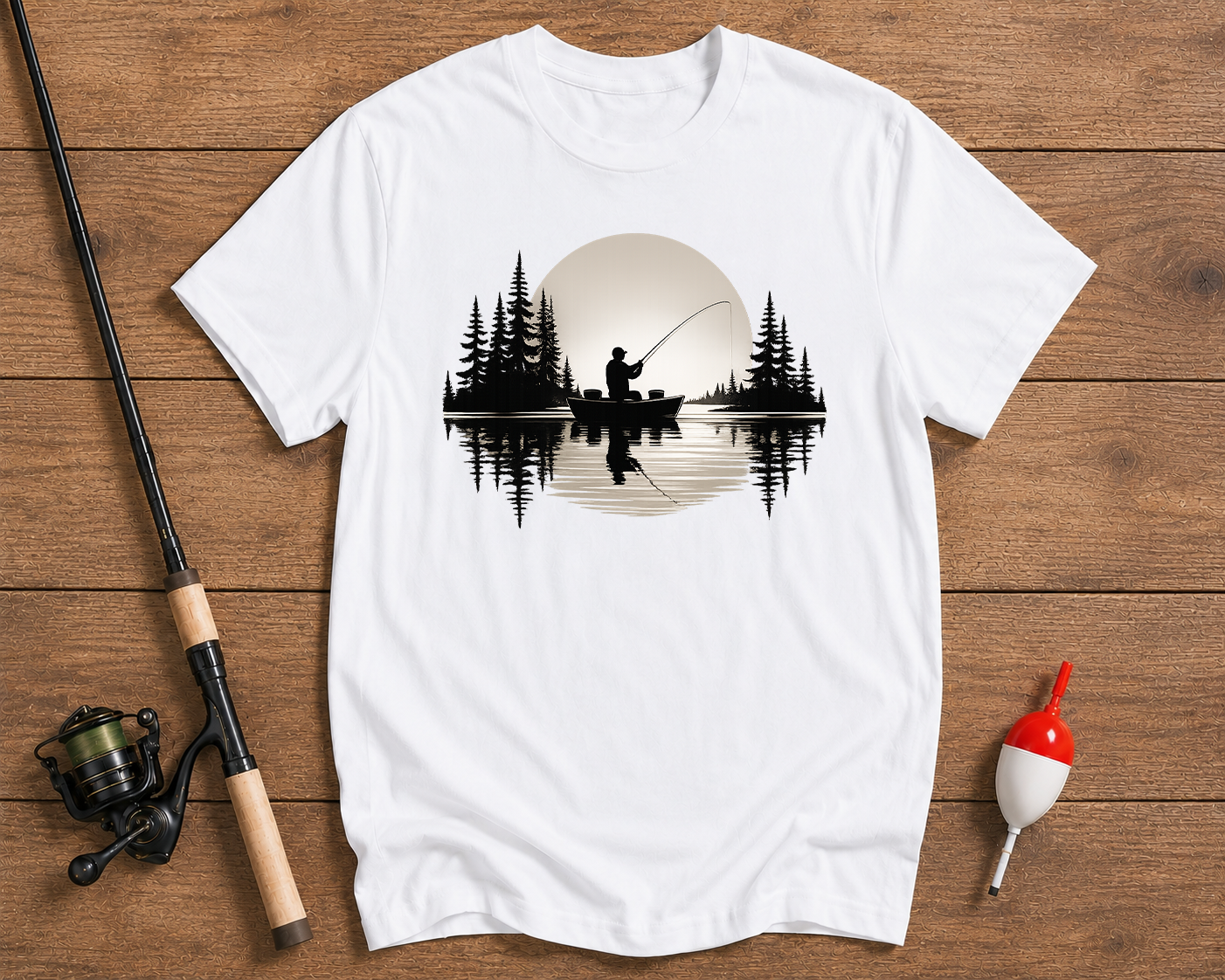 Minimalist sunset fishing shirt in white with a peaceful lake and boat silhouette by Funky Fish Club