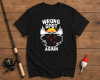 Wrong Spot Again fishing t-shirt in black featuring a lake map with marked fishing spots by Funky Fish Club