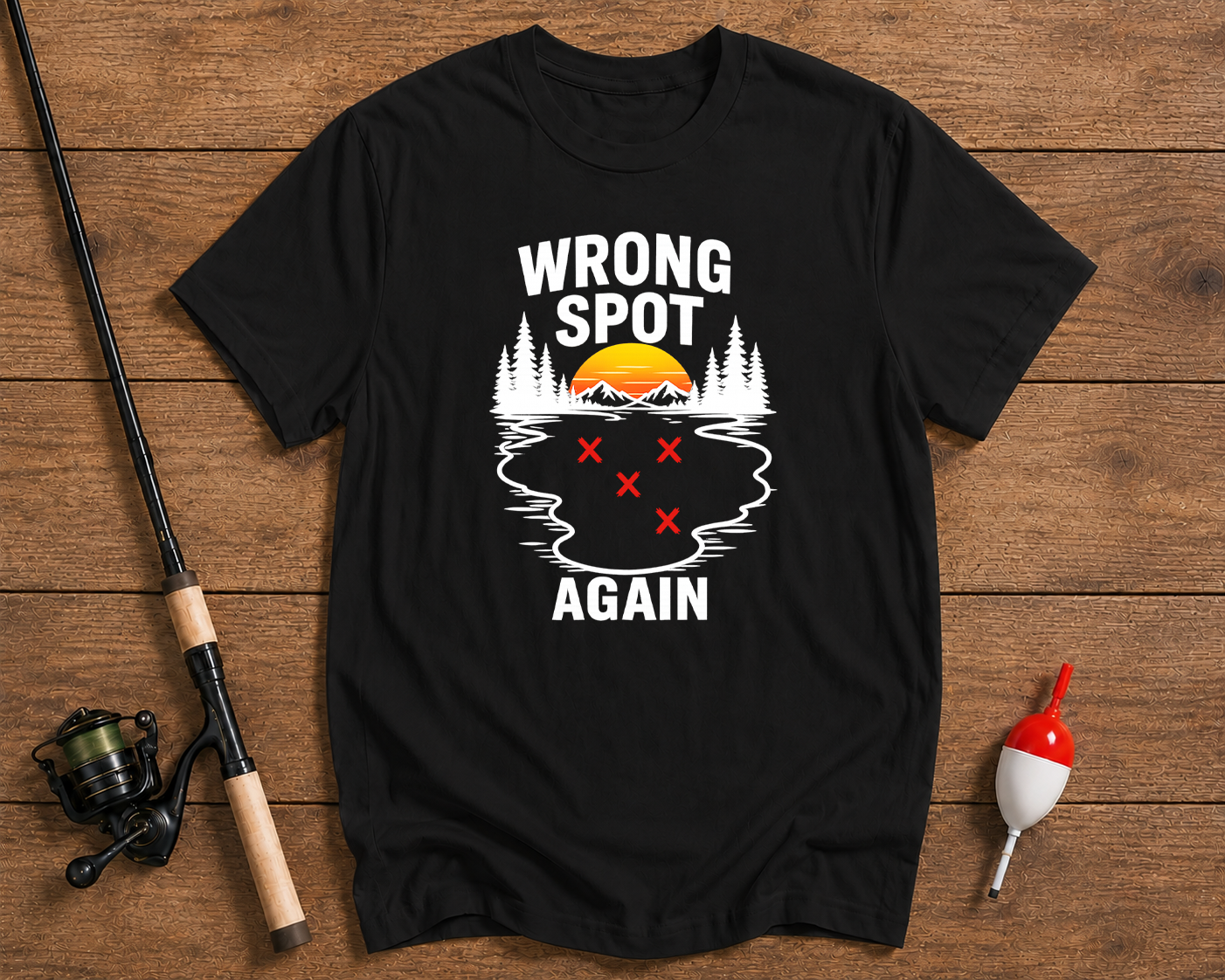 Wrong Spot Again fishing t-shirt in black featuring a lake map with marked fishing spots by Funky Fish Club