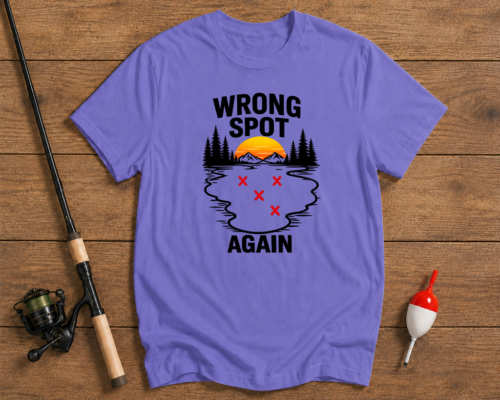 Wrong Spot Again fishing graphic tee in lavender featuring a humorous fishing location design by Funky Fish Club