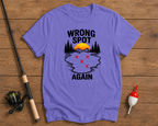 Wrong Spot Again fishing graphic tee in lavender featuring a humorous fishing location design by Funky Fish Club