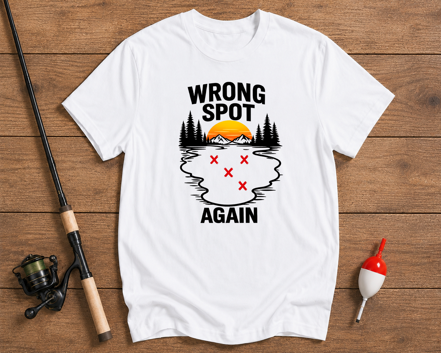 Wrong Spot Again fishing graphic tee in pearl white featuring a lake map design by Funky Fish Club