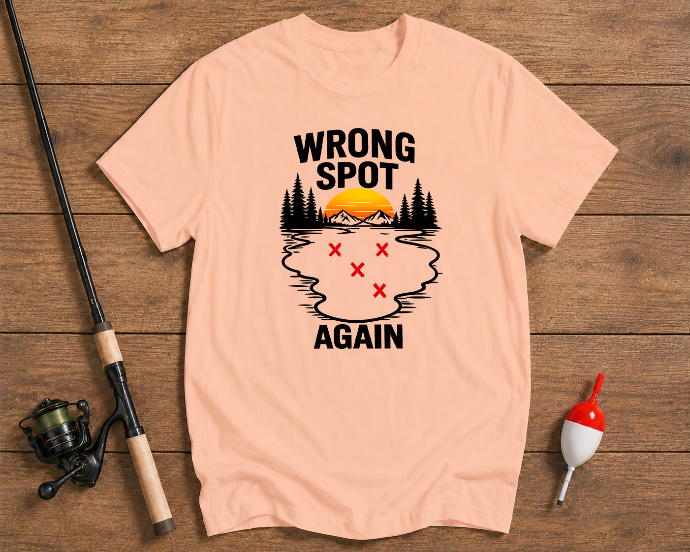 Funny fishing shirt in salmon featuring a lake map and fishing spot artwork by Funky Fish Club